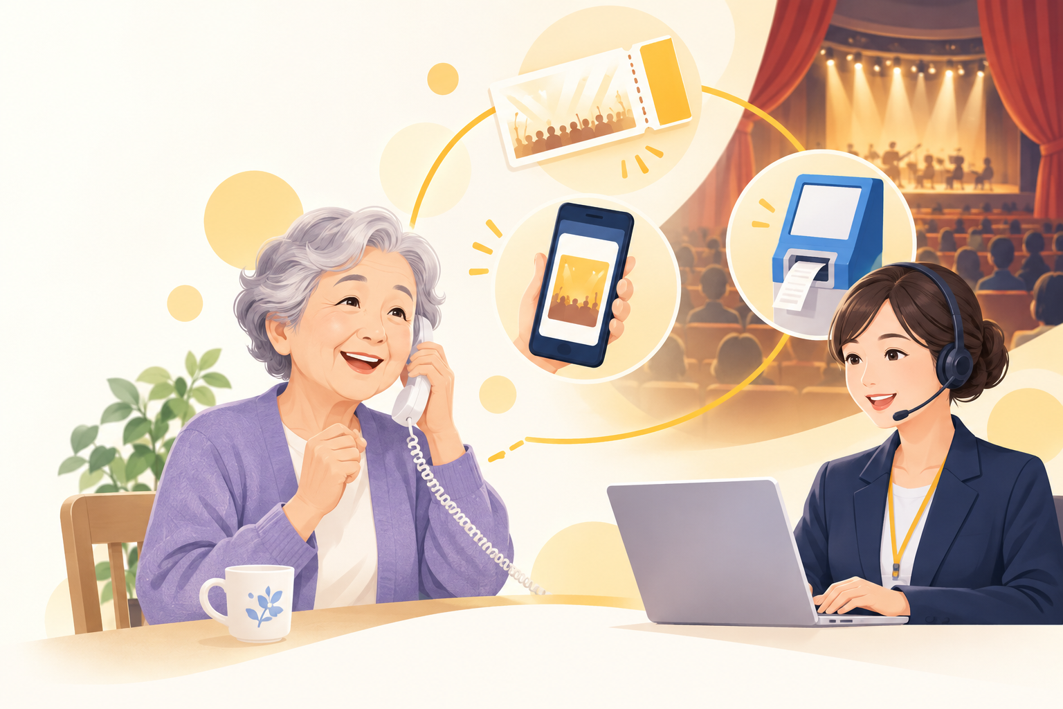 電話で安心してチケットを申し込むお客様と、受付するイベントスタッフ